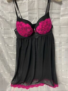 Black and Hot Pink Lace Babydoll Chemise by